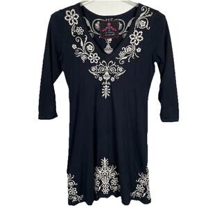 Johnny Was Dress Size Small Black Floral Embroidered V-Neck Boho Fairy Party